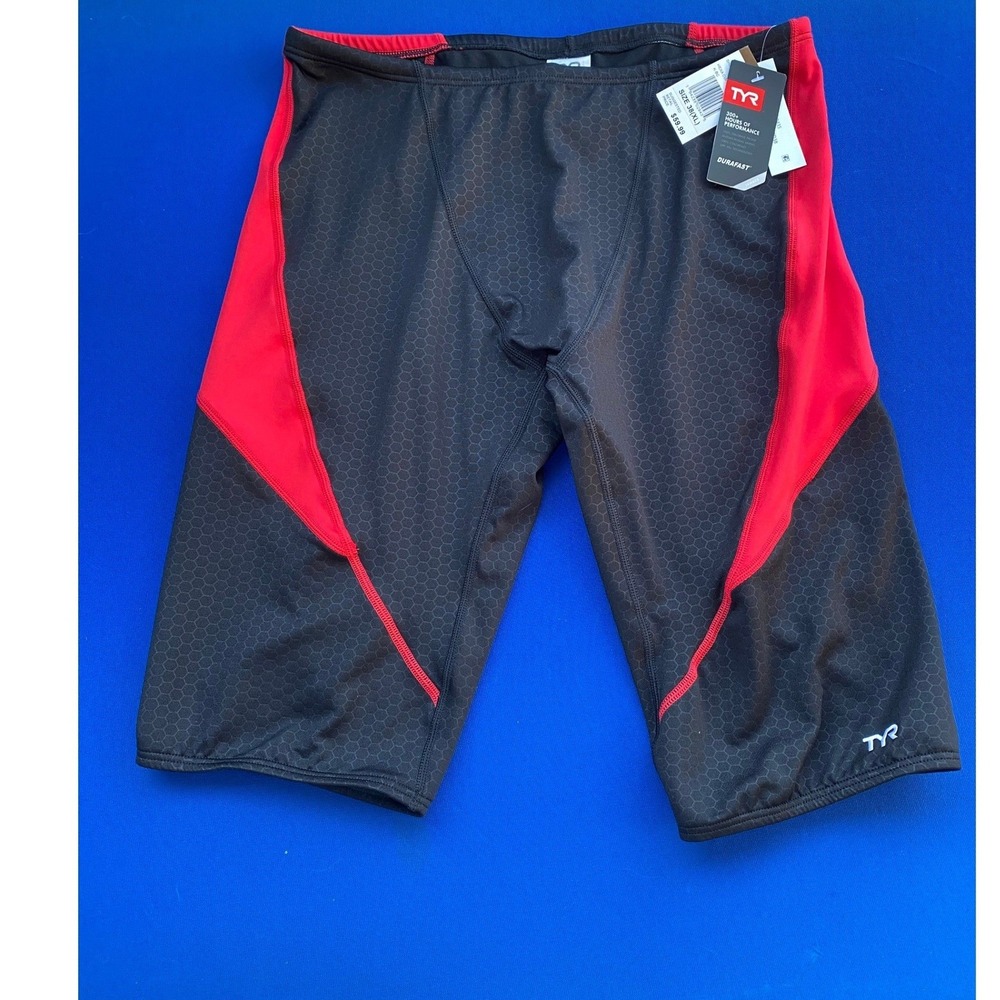 TYR Durafast Elite Men's Jammer Swim Suit Black Red Hex Size 38 XL New